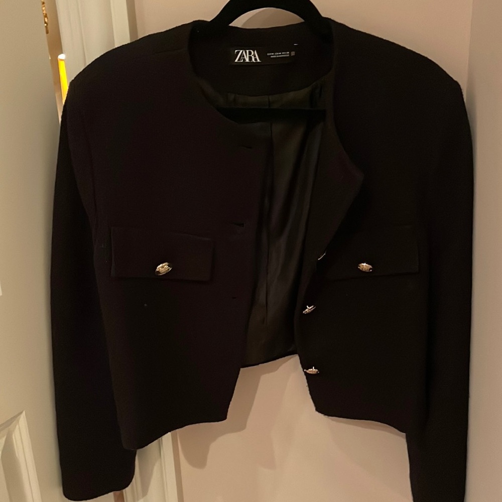 Zara button up tweed jacket with gold buttons